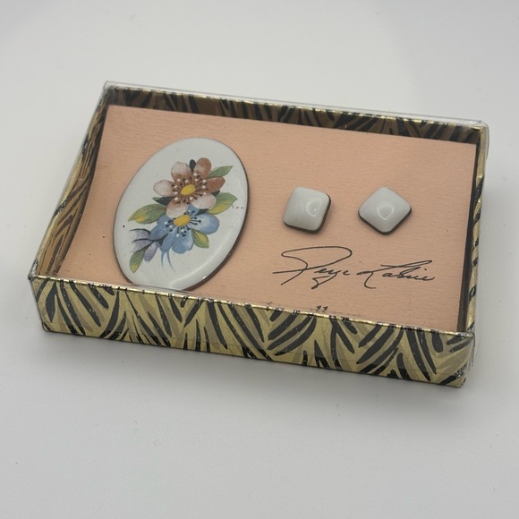 Vintage Floral Enamel Brooch and Earring Set | Mid-20th Century - Picture 2 of 7